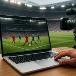 A laptop displaying a football match with a hand resting on the keyboard, set against a blurred stadium background.