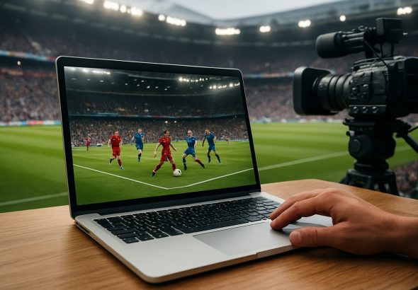 A laptop displaying a football match with a hand resting on the keyboard, set against a blurred stadium background.