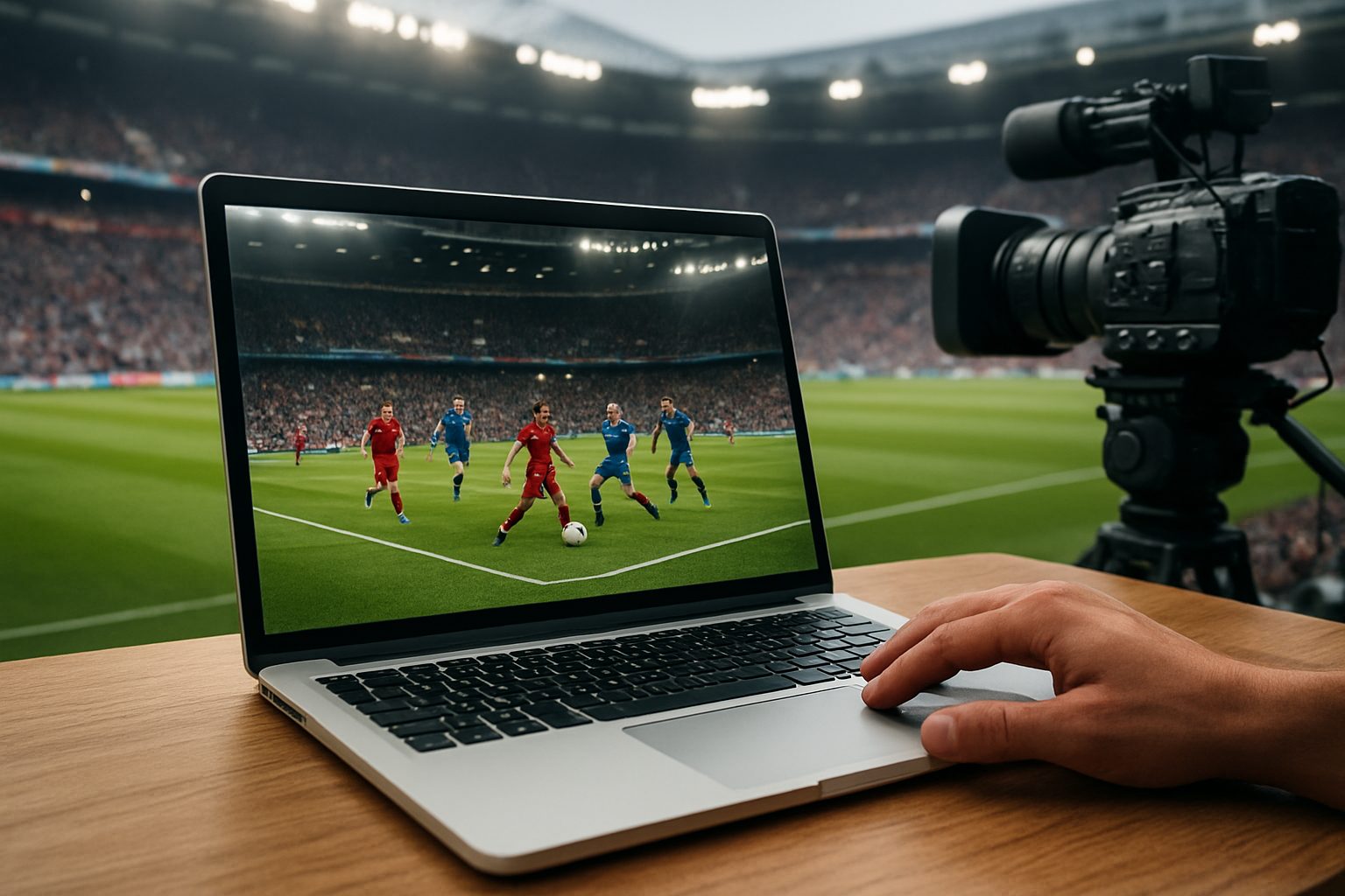 A laptop displaying a football match with a hand resting on the keyboard, set against a blurred stadium background.