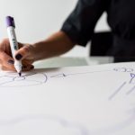 a close-up of a person's hand drawing diagrams on a large sheet of paper