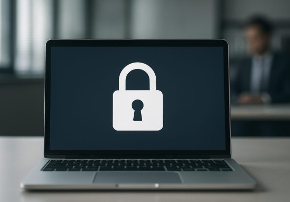 A laptop displaying a padlock icon on its screen, symbolizing security and privacy measures in digital communications.