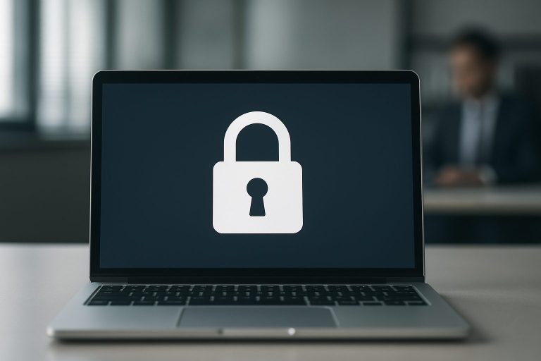 A laptop displaying a padlock icon on its screen, symbolizing security and privacy measures in digital communications.
