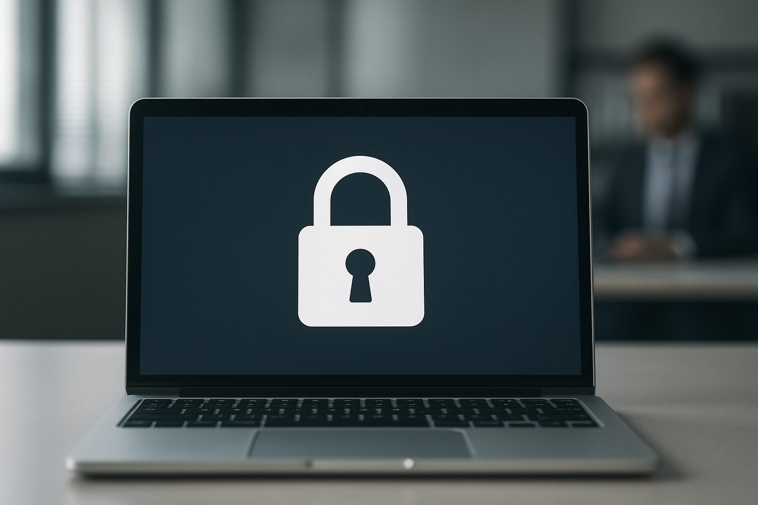 A laptop displaying a padlock icon on its screen, symbolizing security and privacy measures in digital communications.