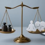 a balance scale displaying weights on one side and a figure meditating and a heart symbol with a heartbeat line on the o