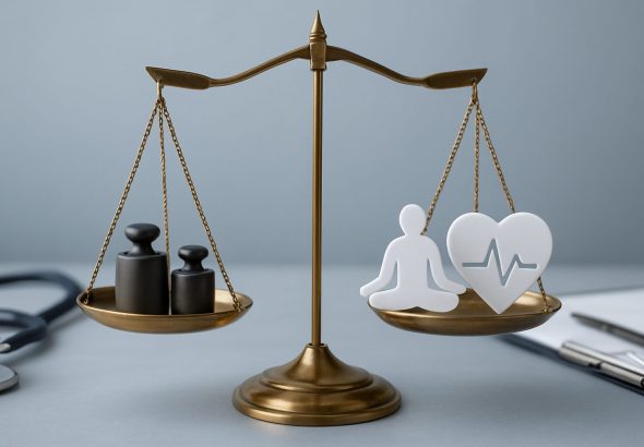 a balance scale displaying weights on one side and a figure meditating and a heart symbol with a heartbeat line on the o