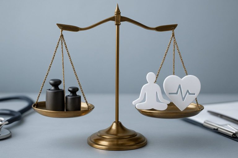 a balance scale displaying weights on one side and a figure meditating and a heart symbol with a heartbeat line on the o