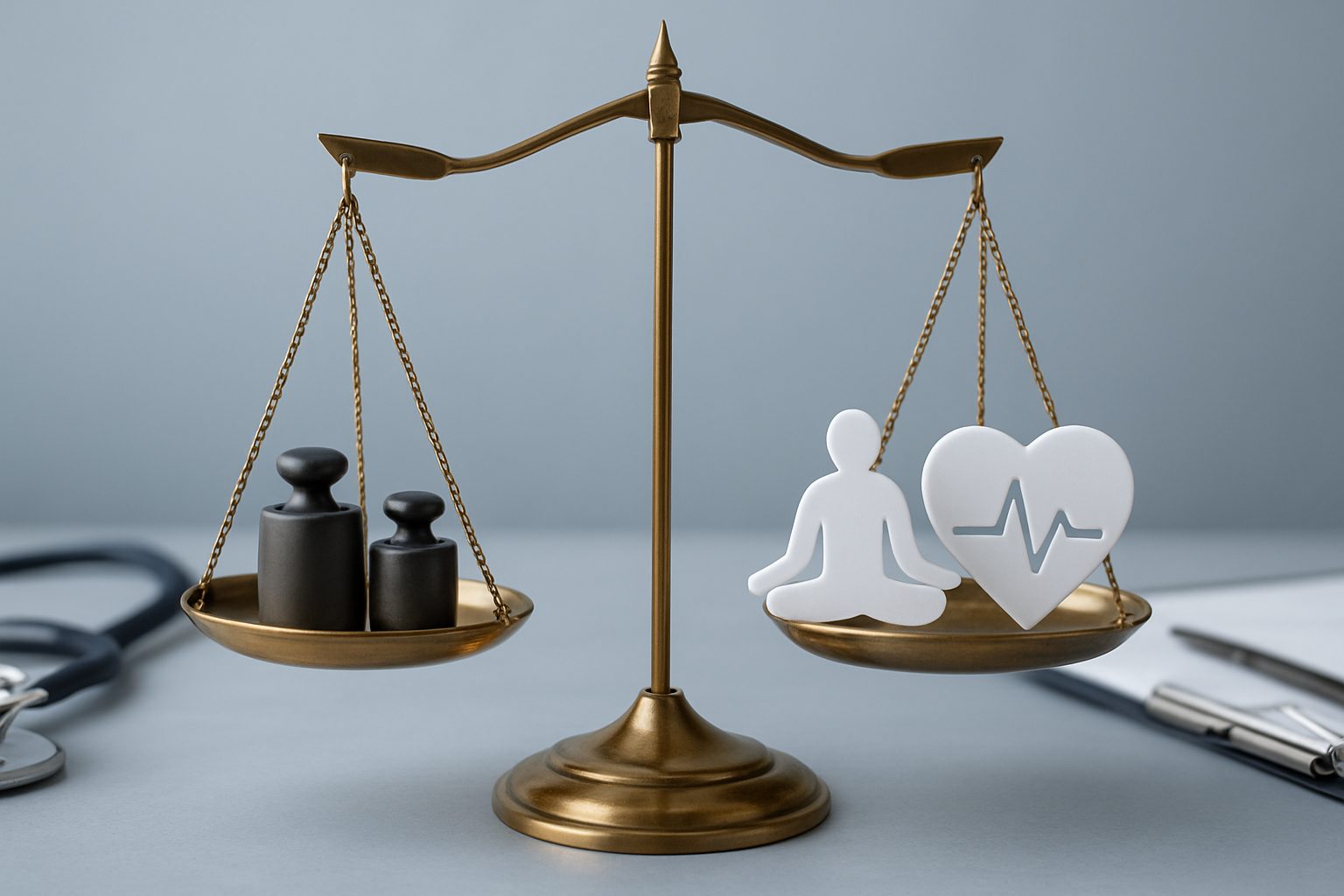 a balance scale displaying weights on one side and a figure meditating and a heart symbol with a heartbeat line on the o