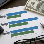 A table comparing car insurance options, featuring graphs and a calculator alongside cash and glasses.