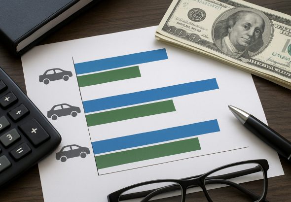 A table comparing car insurance options, featuring graphs and a calculator alongside cash and glasses.