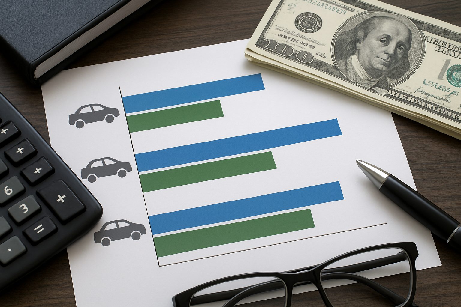 A table comparing car insurance options, featuring graphs and a calculator alongside cash and glasses.