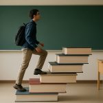 A person stepping up on a stack of large books in a classroom setting, symbolizing growth and learning.