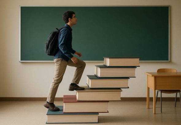 A person stepping up on a stack of large books in a classroom setting, symbolizing growth and learning.