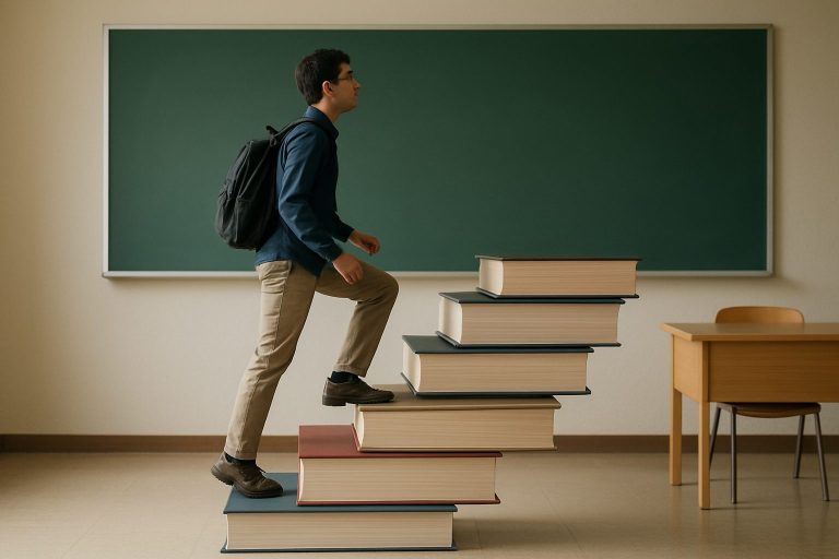 A person stepping up on a stack of large books in a classroom setting, symbolizing growth and learning.